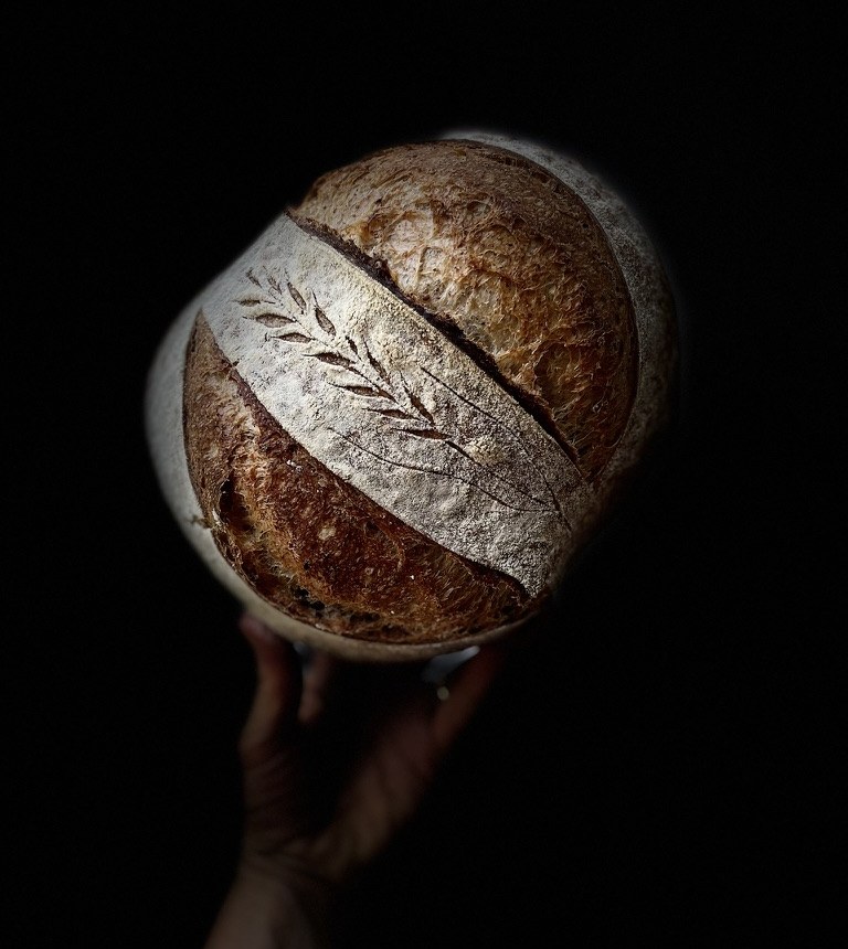 Sauerteiglaib mit Ährenmuster, vor dunklem Hintergrund in einer Hand hochgehalten